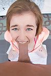 Charming legal age teenager Mattie Bounds on her knees for hairy mat-bag engulfing and bj