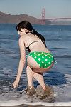 Pale skinned juvenile cutie Paris Moffer jacking off her love button on the beach