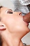 Gratifying nurse blows off twofold thick boners for goo on her penetrated tongue