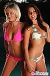 Doble Redondeado Bikini muchachas tomar Su Ropa off en el Piscina