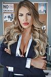 Stocking clothes golden-haired beauty August Ames revealing enormous pornstar front bumpers in office
