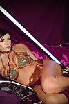 Curvy chicito Yuffie Yulan jacking off in sub collar and chains