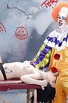 Vivacious dark brown gal with pale skin has some hardcore satisfaction with a hung clown