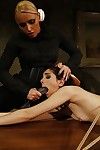 Femdom hottie Kathia Nobili belts up Jeanine Clammy and teases her vagina