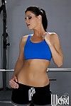 Sports MILF hotty India Summer shows her petite pantoons in the gym