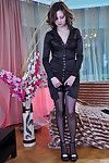 Fascinating queen changes from a pink robe fond of her office clothing and ebony stockings