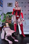 Perspired female-dominator makes her collared stud sub wear girlie strings for a dong fuck