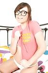 Bawdy doll in glasses Kacie James erotic dance and fingering her twat