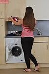 Overweight youthful honey Cherry Blush striptease at the public laundromat