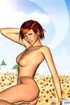 Korte haar redhead karikatuur koningin in veld van madeliefjes buiten