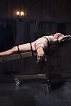 Dylan is restrained in wooden stocks around her neck and wrists. her ankles are