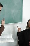 Excited mentor in glasses receives owned and facialized by her hung student