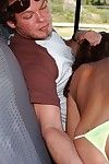Perky cougar with round jugs shows off her fellatio skills in the car
