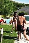 Excited honeys giving blowjobs and smoking hardcore at the pool gathering