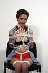 Female-dominant spanks and binds her subbie with rope and leather string