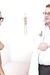 Tattooed dark brown in glasses going during complete gyno exam with dirty doctor