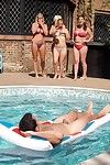 Caught sleeping in nature's garb in the pool, four princesses lend a hand themselves to his phallus
