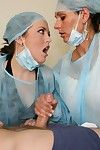 Seductive dolls in nurse uniforms masturbating a colossal penis