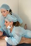 Seductive dolls in nurse uniforms masturbating a colossal penis