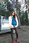 Charming brunette hair bitch with stunning anus and meatballs is undressing outdoor