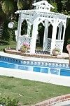 Sovrappeso Mamacita Con grande tumuli seducente Il suo bene appeso Giardiniere a il piscina