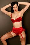 Smokin clammy infatuation vixen Emily Marilyn red satin underclothes tease with sheer  and high heels