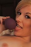 Gal blond Bailey Bradshaw plays with her little boobies and penis stimulator