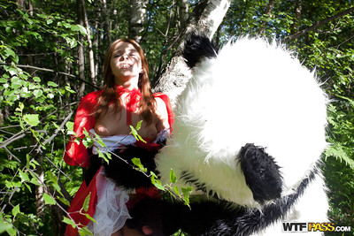 Pretty teen with enormous tits has a hardcore act of love with panda toy outdoor