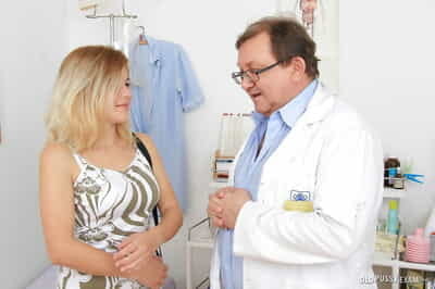 Blonde milf Karen is being checked by her slutty doctor in glasses