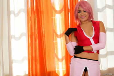 Pink haired Asian teen Annie Cruz in boots spreading legs to show hairy gentile