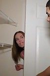 Teen slut Hailey Reed giving handjob in front of big mirror