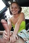 Slender teen babe with big tits gives a handjob to a huge pride