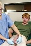 Slutty blonde gal in nurse uniform and glasses masturbating a big cock