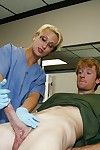 Slutty blonde gal in nurse uniform and glasses masturbating a big cock
