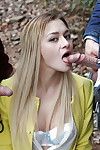 Blonde Euro queen Olivia getting spit roasted outdoors in MMF Male+Male+Female