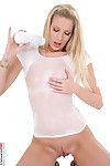 Blonde teasing with wet t-shirt and shiny on top pussy