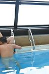 Japanese chick with enormous marangos bonks three guys by the pool
