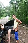 Slutty chick with sweaty ass gets picked up and has a threesome outdoor