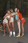 Teen lesbian girlfriends in outdoor public gangbang