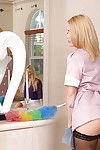Blonde wife in skirt seducing stocking clad maid for lesbo sex