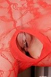 Glamoureuze pornstar in rood lace bodystockings het krijgen van uit met een Dildo