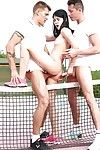 Adolescent slut Lady D gives two boys blowjobs outdoors on tennis court