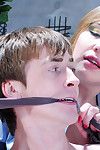 Bitchy chick dildo fucks the mouth and butt of a helpless blindfolded boy