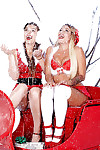 Lesbian babes Dani Daniels and Kissa Sins humping in stockings at Christmas