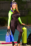 Titsy MILF scuba diver Amber Lynn Bach sheds her suit by the pool to rub clit