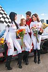 Three racing angels with shaved love-cages are likes CFNM groupsex outdoor