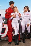Three racing angels with shaved love-cages are likes CFNM groupsex outdoor
