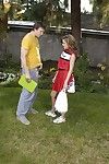 Sexually excited cheerleader gets tricked keen to cocksucking with ball licking outdoor