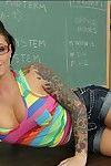 Smokin\' hot tattooed coed in glasses Christy Mack stripping in the class