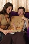 Charming cougar with skillful tits has some fun with a immense snake pizza-lad